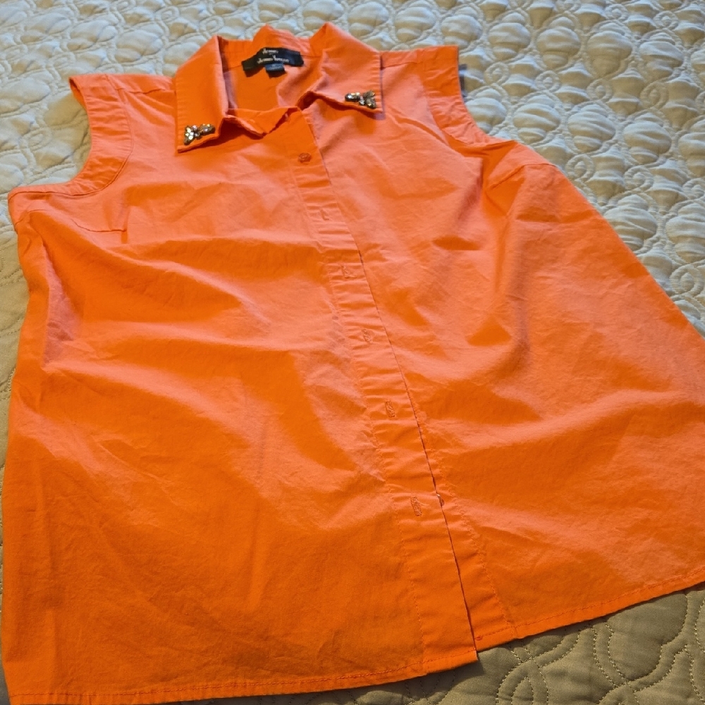 Dennis Basso Orange Sleeveless Button-Up Shirt with Embellished Collar